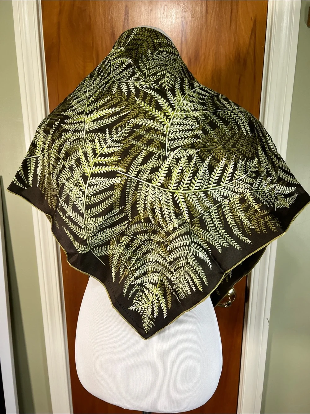 Holland & Holland Fern Print Silk Scarf — Brown with Green Ferns